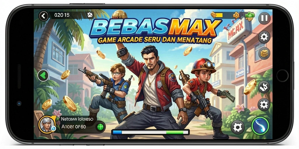 Tangkapan layar utama BEBASMAX yang menunjukkan aksi gameplay Arcade yang seru.