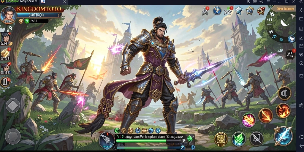 Tampilan utama gameplay KINGDOMTOTO yang menunjukkan pertempuran strategi.