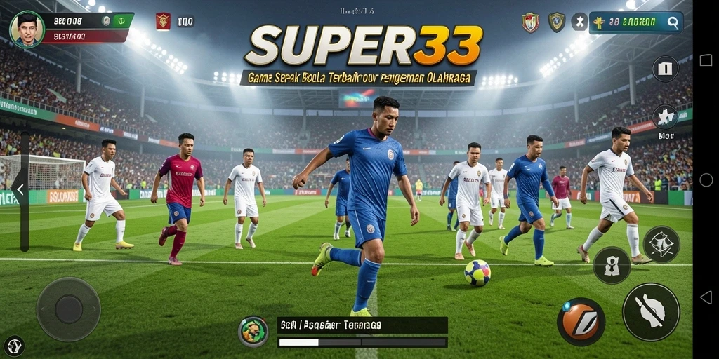 Screenshot gameplay <strong>SUPER33</strong> dengan aksi seru di lapangan sepak bola.